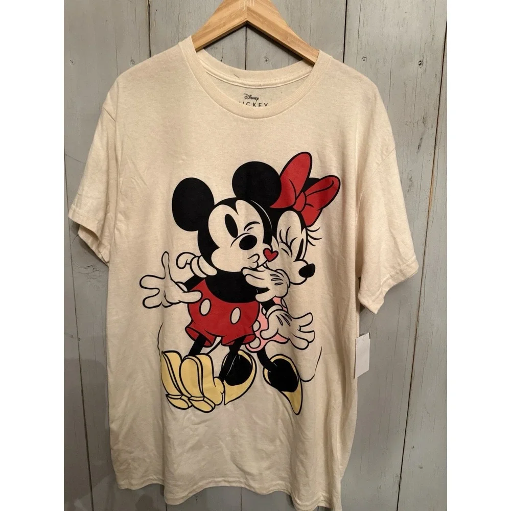 Disney‎ Mickey Mouse & Minnie Mouse Kissing Cream T-shirt Lg New